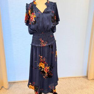 Current Air Blue Floral Smocked Waist Midi Dress Medium Flutter Sleeve